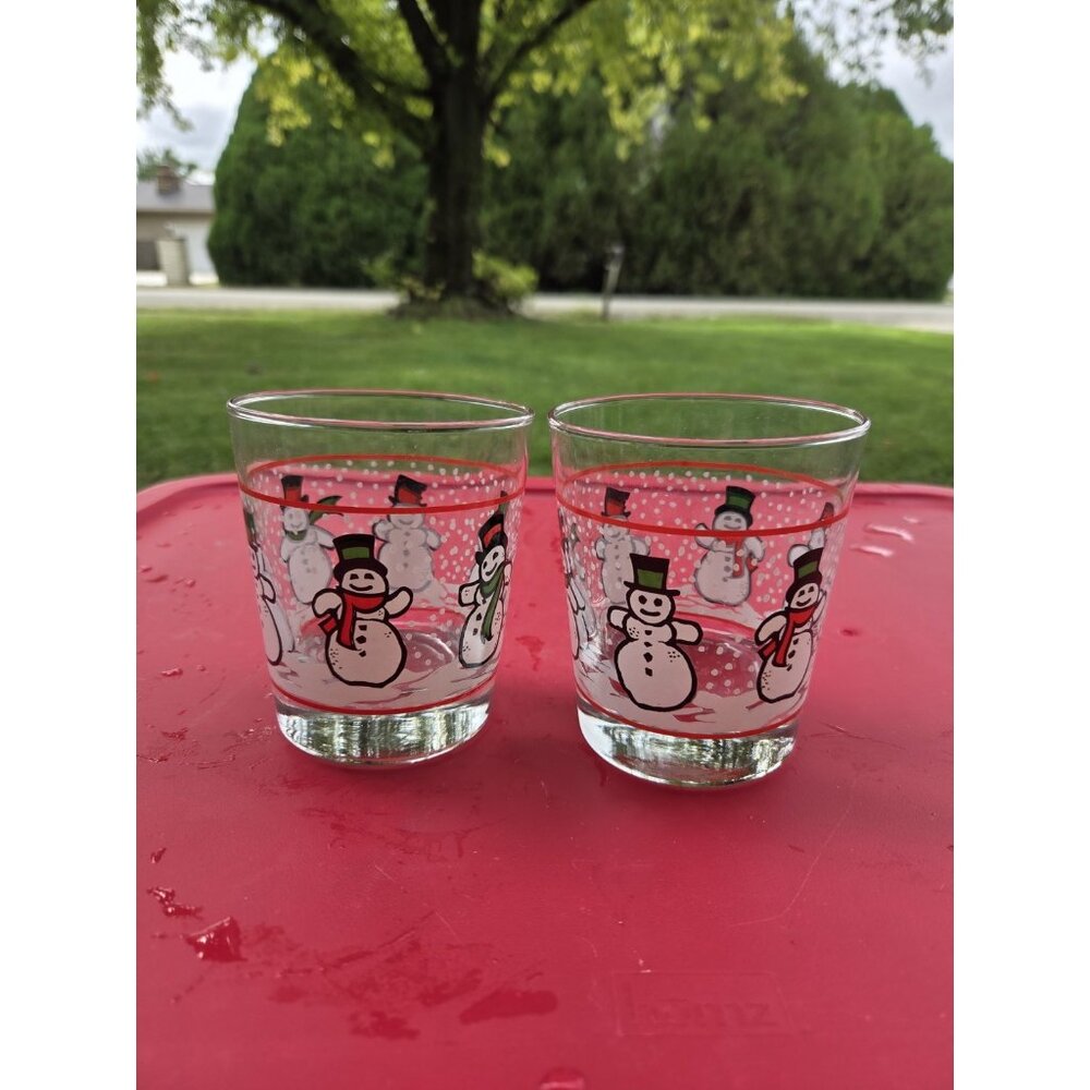 Vintage Libbey Dancing Snowmen‎ Lowball Glasses Holiday Tumblers 12 oz Set 2